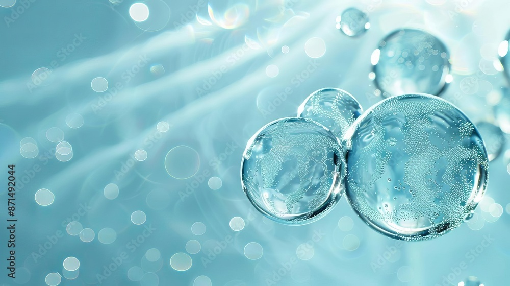 Blue water bubbles of different sizes, floating in air, with reflections on a pale blue background with soft light beams Blue water bubbles of different sizes, floating in air, with reflections on a pale blue background with soft light beams