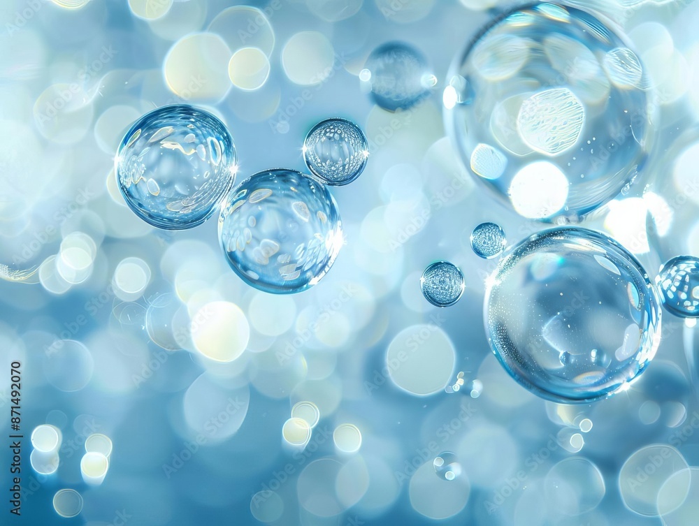 Group of blue translucent water bubbles floating, creating a sense of lightness, on a soft blue background with light reflections