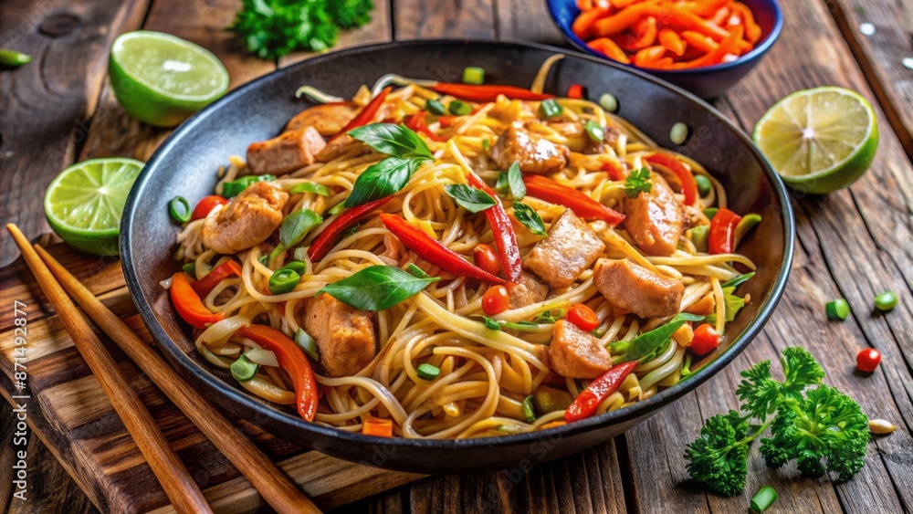 Vibrant orange chicken pad thai noodles stir-fry with vegetables, peanuts, and lime wedges on a rustic wooden background. Vibrant orange chicken pad thai noodles stir-fry with vegetables, peanuts, and lime wedges on a rustic wooden background.