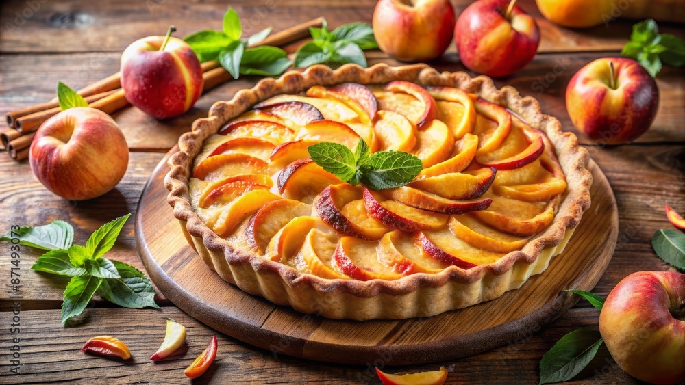 A Delicious Homemade Peach Tart With Fresh Peaches, Served On A Wooden Table. A Delicious Homemade Peach Tart With Fresh Peaches, Served On A Wooden Table.