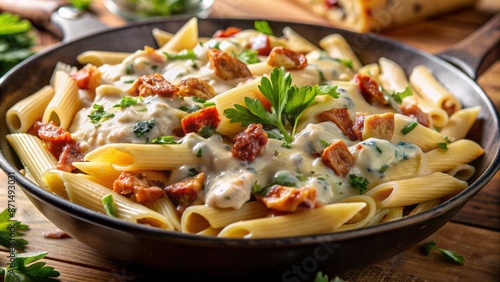 Savory penne pasta dish loaded with crispy bacon, blue cheese, chicken, garlic, and creamy cheese sauce in close-up shot. © Caitlin