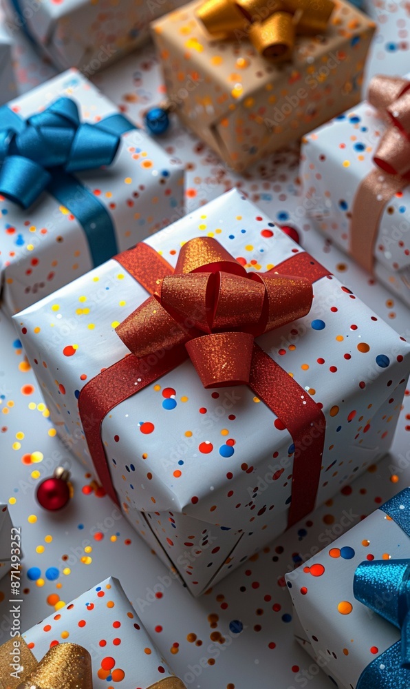 Close-up of neatly wrapped presents arranged on a table Close-up of neatly wrapped presents arranged on a table