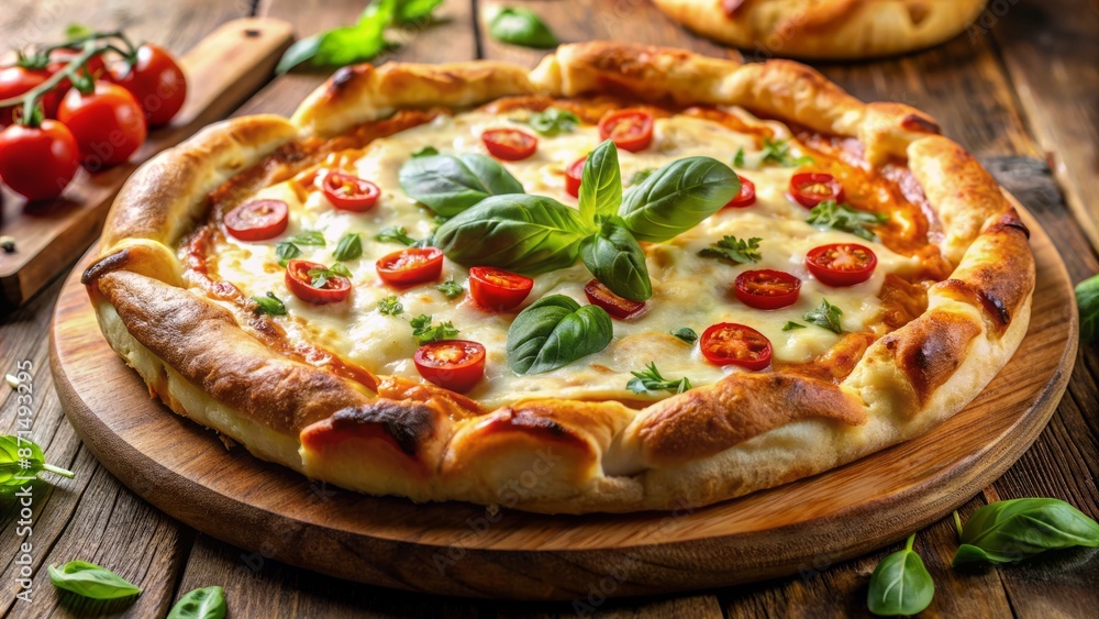 A Delicious, Cheesy Pizza With Fresh Basil And Cherry Tomatoes. Perfect For A Party Or A Quick And Easy Meal. A Delicious, Cheesy Pizza With Fresh Basil And Cherry Tomatoes. Perfect For A Party Or A Quick And Easy Meal.