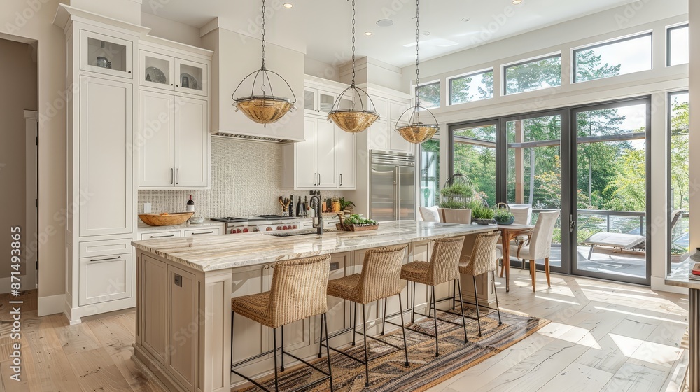 Beige home kitchen interior bar island and cooking cabinet, panoramic window Beige home kitchen interior bar island and cooking cabinet, panoramic window