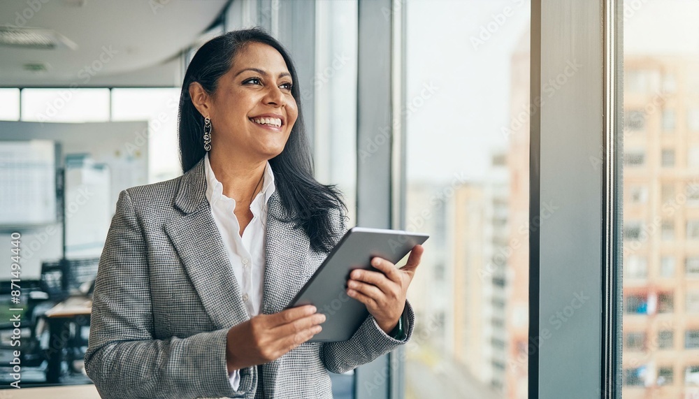 Smiling mature professional business woman bank manager, older happy female executive or lady entrepreneur holding digital tablet pad standing in office at work, looking away at copy Smiling mature professional business woman bank manager, older happy female executive or lady entrepreneur holding digital tablet pad standing in office at work, looking away at copy