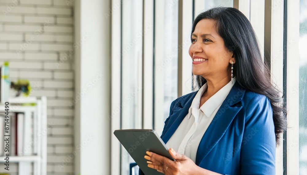 Smiling mature professional business woman bank manager, older happy female executive or lady entrepreneur holding digital tablet pad standing in office at work, looking away at copy Smiling mature professional business woman bank manager, older happy female executive or lady entrepreneur holding digital tablet pad standing in office at work, looking away at copy
