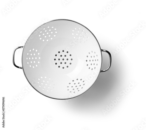 clean colander isolated on white, top view. Cooking utensils