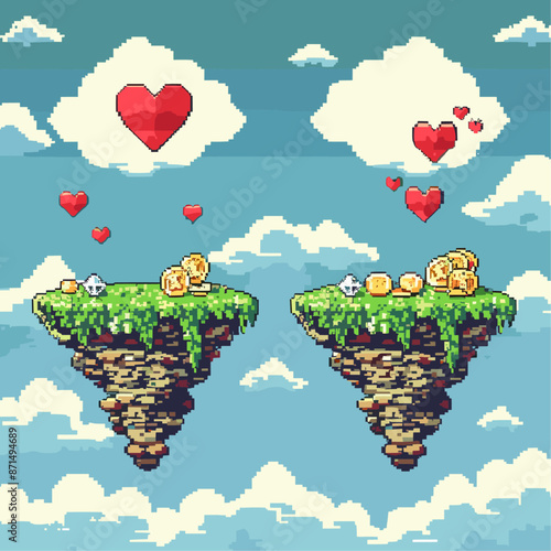 Colorful pixel art design featuring stacks of coins and hearts soaring through a clear blue sky