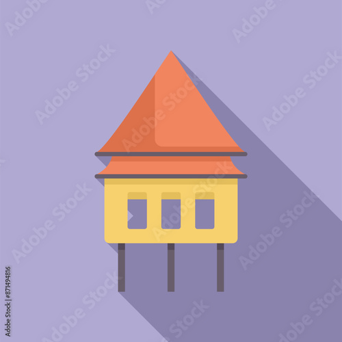 Colorful illustration of a traditional asian house, with a long shadow on a purple background