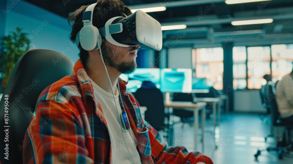 Man seated with VR headset immersed in digital world. Man seated with VR headset immersed in digital world.