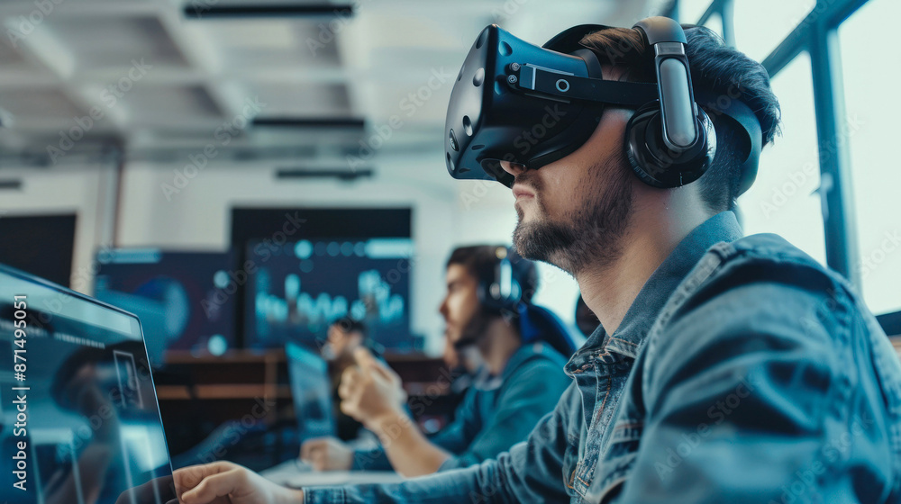 Person with VR headset using laptop in a tech setting. Person with VR headset using laptop in a tech setting.