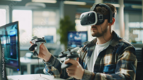 Gamer using virtual reality headset in modern workspace