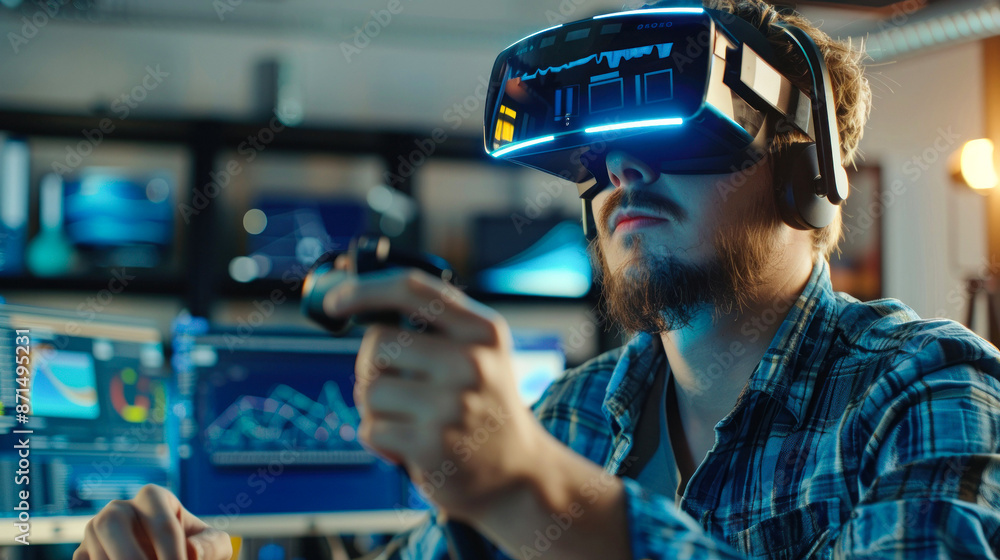 Person using VR headset and controllers top view. Person using VR headset and controllers top view.