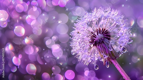 a dandelion with water droplets on it in a purple background with a blurry boke of light