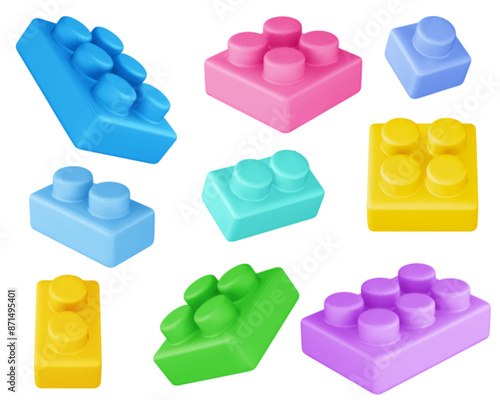 Plastic constructor bricks set isolated on white background. Vector realistic illustration of colorful plastic construction blocks for education games, present for child, creativity development toys