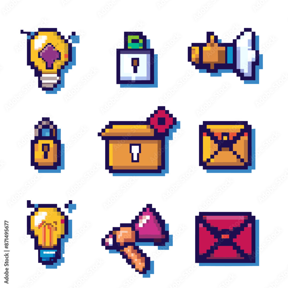 Retro pixel art tools: Briefcase, light bulb, and magnifying glass in a classic 8-bit style Retro pixel art tools: Briefcase, light bulb, and magnifying glass in a classic 8-bit style