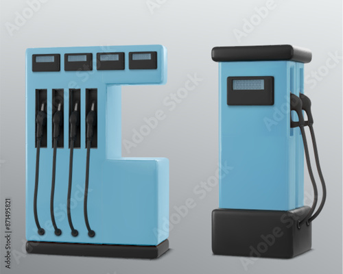Gas or gasoline filling station with pipe and handle. Realistic 3d vector illustration set of petrol fuel pump charging service. Automobile power refuel dispenser. Car propellant fill up business