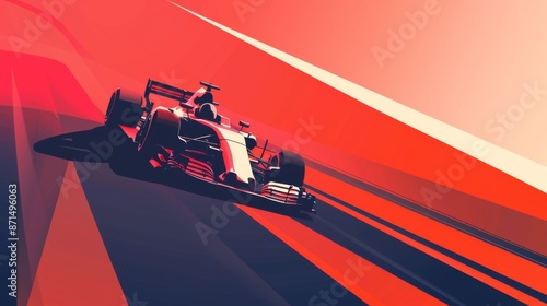 A vividly colored, stylized illustration of a race car zooming down the racetrack, with dynamic lines conveying motion and speed photo