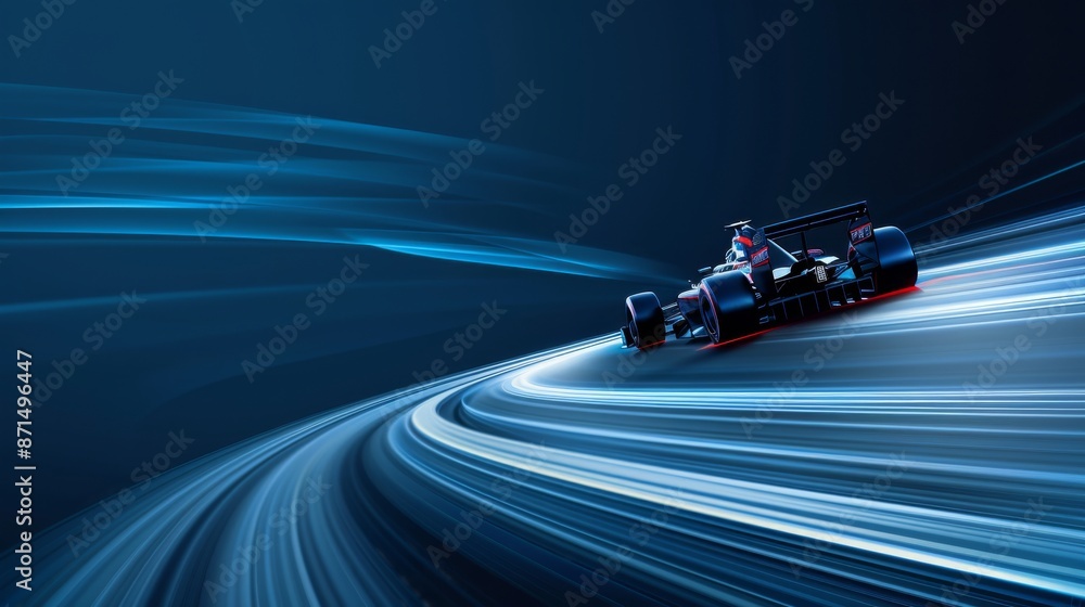 A dynamic image of a Formula 1 race car in motion, with speed lines illustrating high velocity and performance A dynamic image of a Formula 1 race car in motion, with speed lines illustrating high velocity and performance