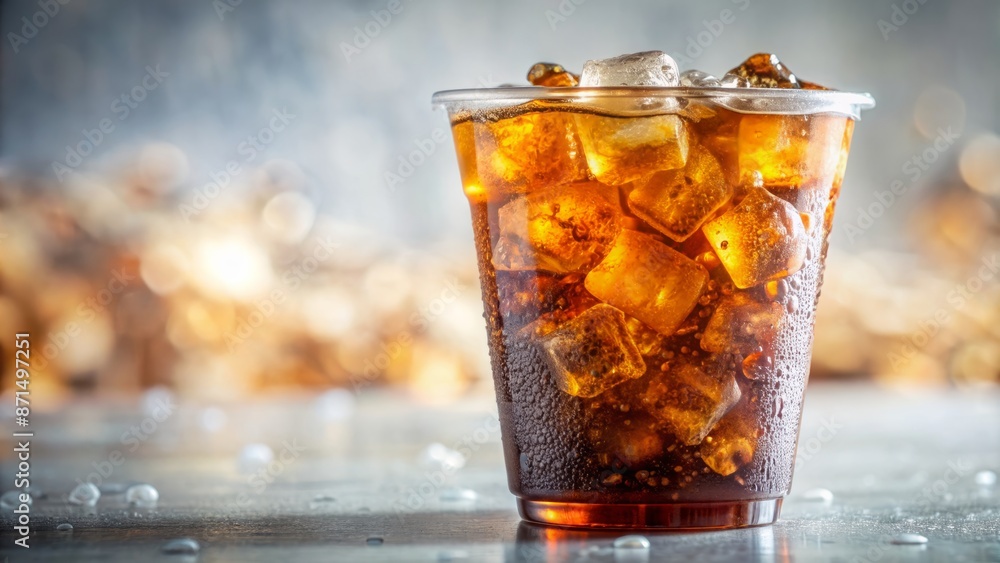 Frosted clear plastic cup filled with amber-colored soda, ice cubes, and condensation droplets against a blurred white background. Frosted clear plastic cup filled with amber-colored soda, ice cubes, and condensation droplets against a blurred white background.