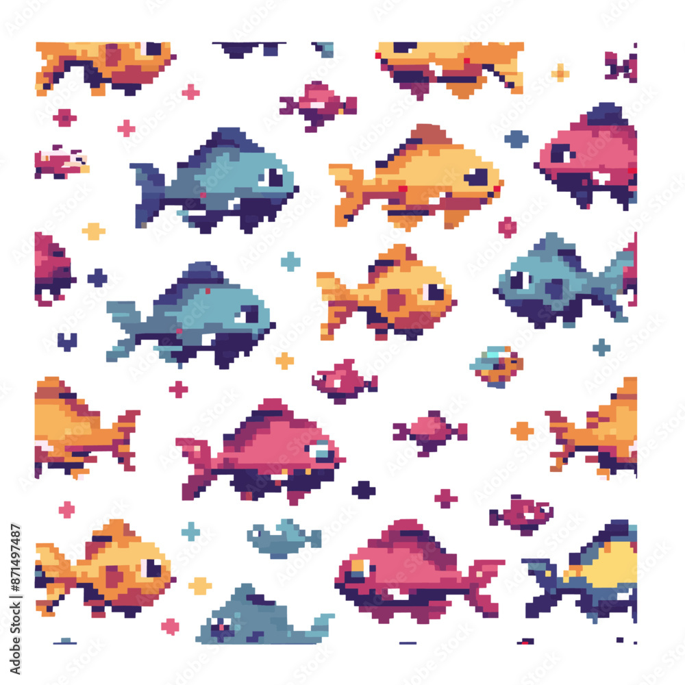 Obraz premium Colorful 8-bit Pixel Art Aquarium Fish Collection for Retro Gaming and Digital Design