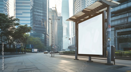 Blank White Poster at Bus Stop in Bustling City at Night