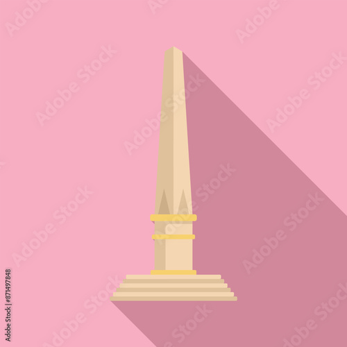 Tall ancient obelisk is standing on podium with long shadow, building exterior architecture element in flat style