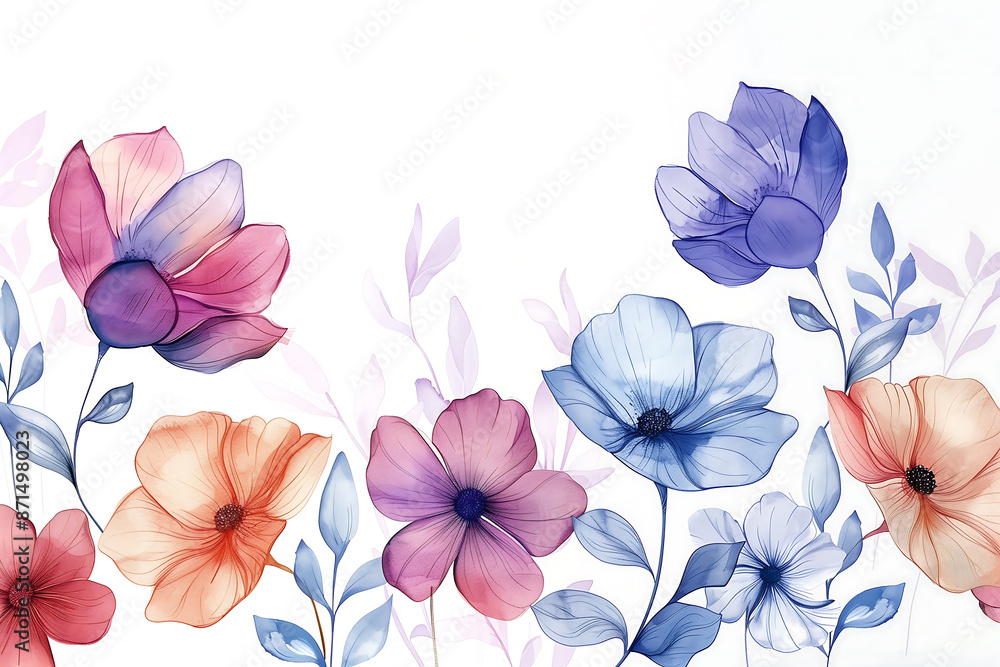 Obraz premium A watercolor illustration featuring a vibrant of wildflowers in an array of colors with translucent petals. The delicate flowers are on a white background, creating a lively composition of nature.