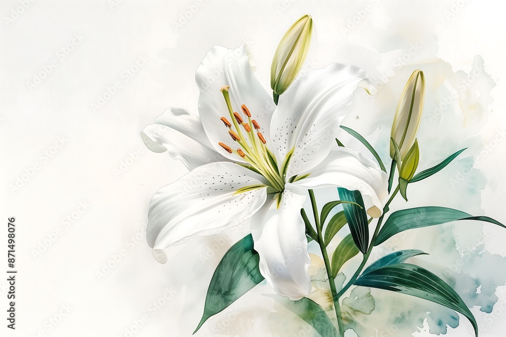 A striking bouquet of a white lily in full bloom with detailed petals and stamen. The background features a soft white that complements the vibrant flower. A striking bouquet of a white lily in full bloom with detailed petals and stamen. The background features a soft white that complements the vibrant flower.