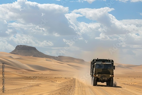 a truck driving down a dirt road in the desert © Kevin