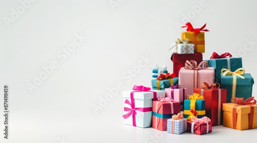 A pile of Christmas gift box skirts, stacked on top of each other with ribbons and bows on pure white background