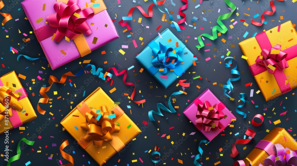 Gift boxes with ribbons and bows on vivid background Gift boxes with ribbons and bows on vivid background