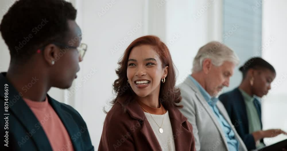 Job interview, waiting room and people with discussion in office for support, networking and advice. Human Resources, diversity and candidate with conversation for hiring, recruitment and information Job interview, waiting room and people with discussion in office for support, networking and advice. Human Resources, diversity and candidate with conversation for hiring, recruitment and information