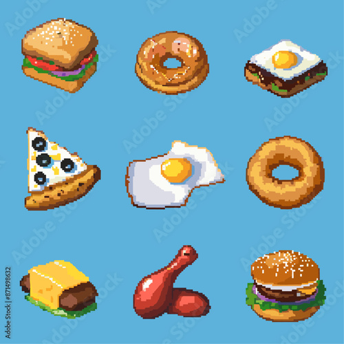 collection of pixel art food icons, including a hamburger, pizza slice, hotdog, sushi, apple, and ice cream cone