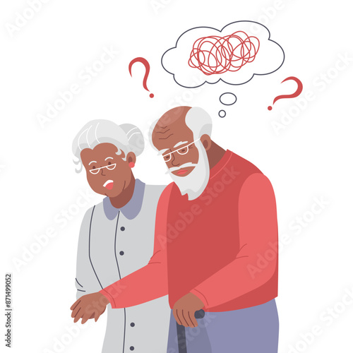 Black Old man suffer from dementia loss memory. Woman supports confused senior male struggle with Alzheimer disease. Elderly healthcare and medicine concept. Flat vector illustration. 