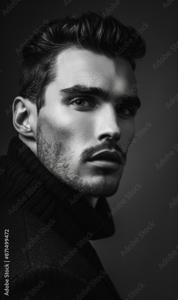 A man with a sharp jaw and an intense gaze. This image represents strong masculinity and a confident personality. A man with a sharp jaw and an intense gaze. This image represents strong masculinity and a confident personality.