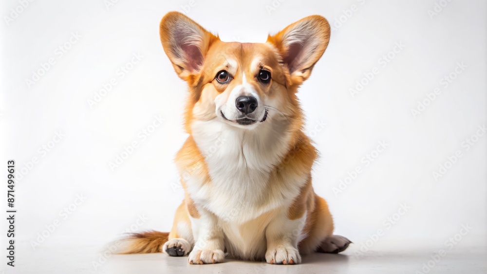 Adorable, fluffy short-legged corgi dog with erect ears and wagging tail sitting calmly on a pristine white background. Adorable, fluffy short-legged corgi dog with erect ears and wagging tail sitting calmly on a pristine white background.