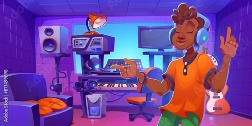 Young man dj or music producer listening to headphones and dancing in sound record studio room interior with mixer on desk, microphone and synthesizer, speakers and instruments. Cartoon vector.