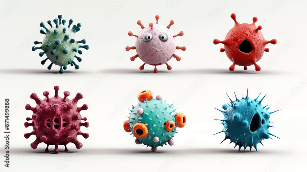 Set of 3D cute cartoon disease, viruses, bacteria, isolated on white background Set of 3D cute cartoon disease, viruses, bacteria, isolated on white background