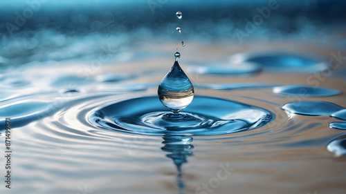 single water drop or droplet rising from a small pool of blue water. . AI generated image, ai. water drop splash