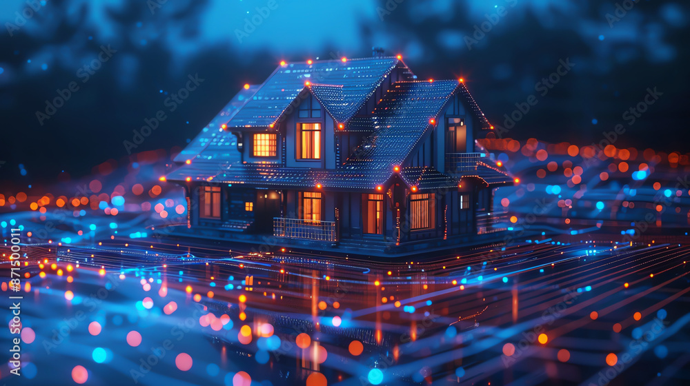 A digital concept of a house illuminated with neon lights, symbolizing smart home technology and futuristic living. A digital concept of a house illuminated with neon lights, symbolizing smart home technology and futuristic living.