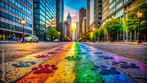 Vibrant, whimsical feline footprints in shades of rainbow hues wander aimlessly through concrete jungle, brightening urban cityscape atmosphere alone. photo