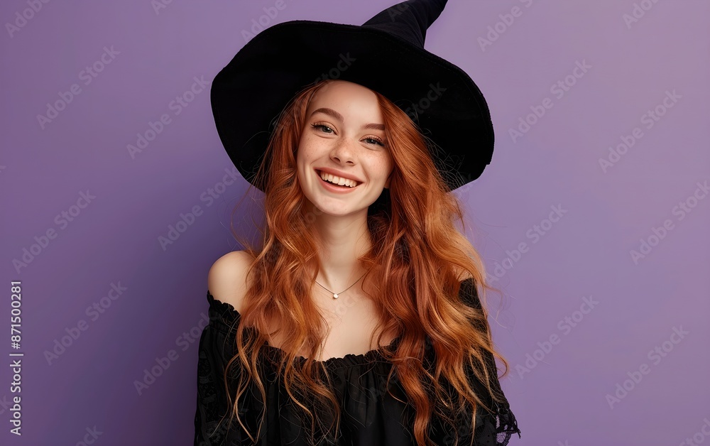 Happy cheerful young woman in witch hat on purple background. Halloween costume party, trick or treat concept. Studio portrait of happy redhead girl. Carnival, masquerade. Happy cheerful young woman in witch hat on purple background. Halloween costume party, trick or treat concept. Studio portrait of happy redhead girl. Carnival, masquerade.