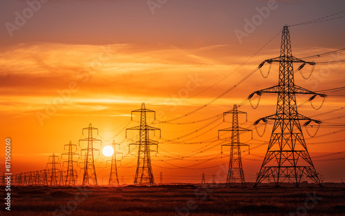 Sun setting behind the electric power lines running from Dungeness power station on the Kent coast south east England UK