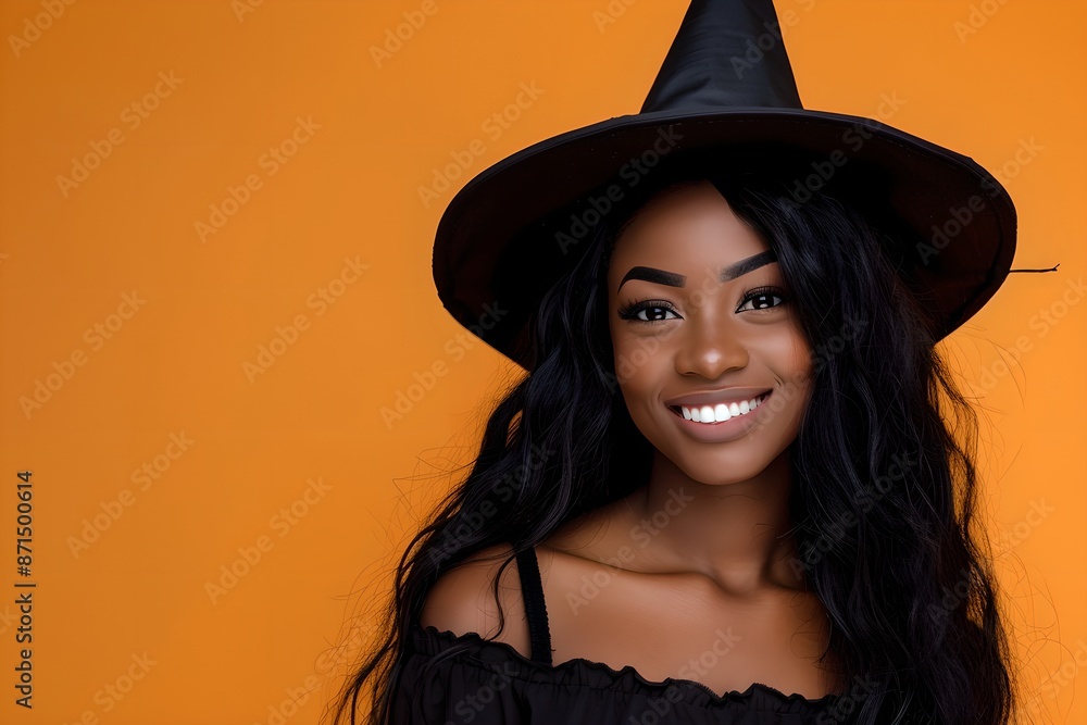 Smiling young woman in witch costume on orange background. Halloween celebration and party concept. Studio portrait of beautiful african american girl. Carnival, masquerade. Banner with copy space Smiling young woman in witch costume on orange background. Halloween celebration and party concept. Studio portrait of beautiful african american girl. Carnival, masquerade. Banner with copy space