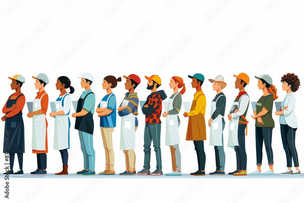 Obraz premium Diverse group of workers in various uniforms symbolizing unity and collaboration in a vibrant and inclusive illustration