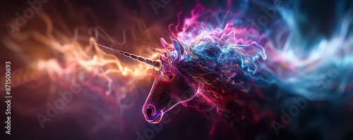 Abstract fantasy unicorn with glowing mane and horn in colorful nebula. photo