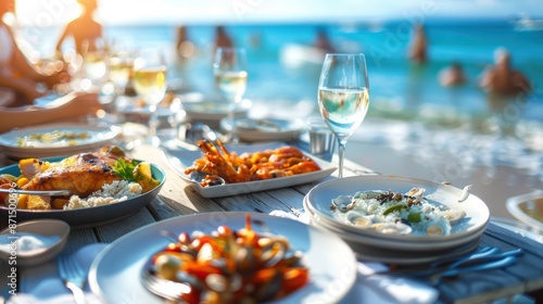 Gourmet beachfront dining setup with various dishes and wine glasses, capturing the elegance of a seaside meal at sunset.