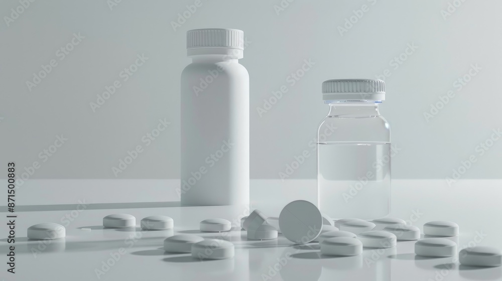 White tablets medicine bottle and water on white background for medical advertisement White tablets medicine bottle and water on white background for medical advertisement