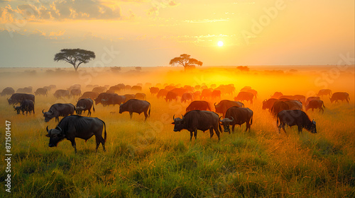 Majestic Buffaloes Grazing in Mystical African Safari Morning Light © wannapong